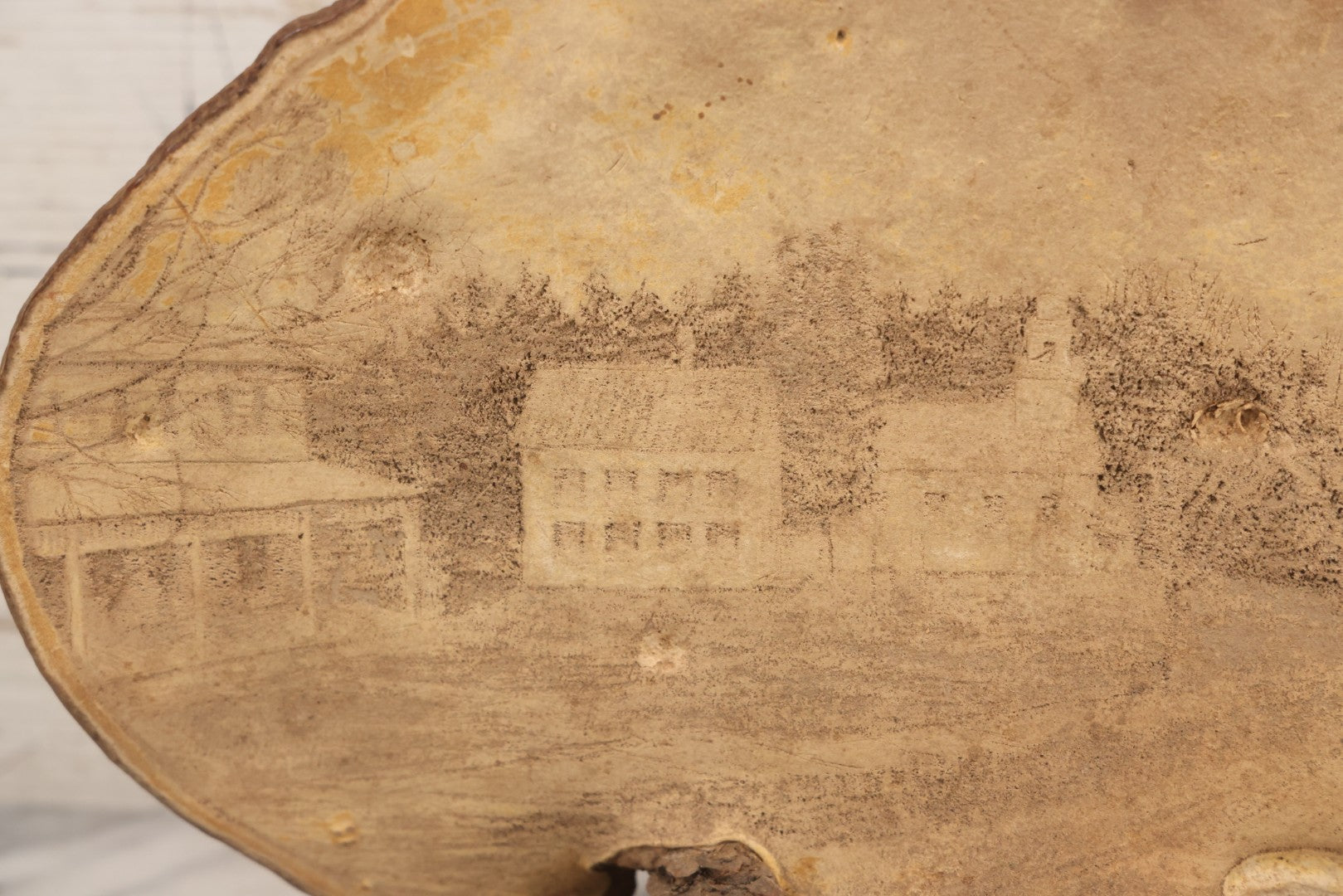 Lot 007 - Antique 19th Century Stipple-Pyrography Mushroom Fungus Art With New England Village Scene On Wooden Branch Base, 10" H