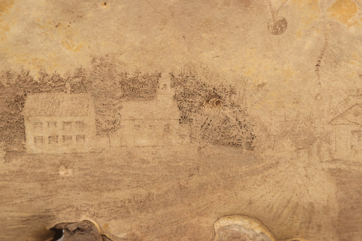 Lot 007 - Antique 19th Century Stipple-Pyrography Mushroom Fungus Art With New England Village Scene On Wooden Branch Base, 10" H