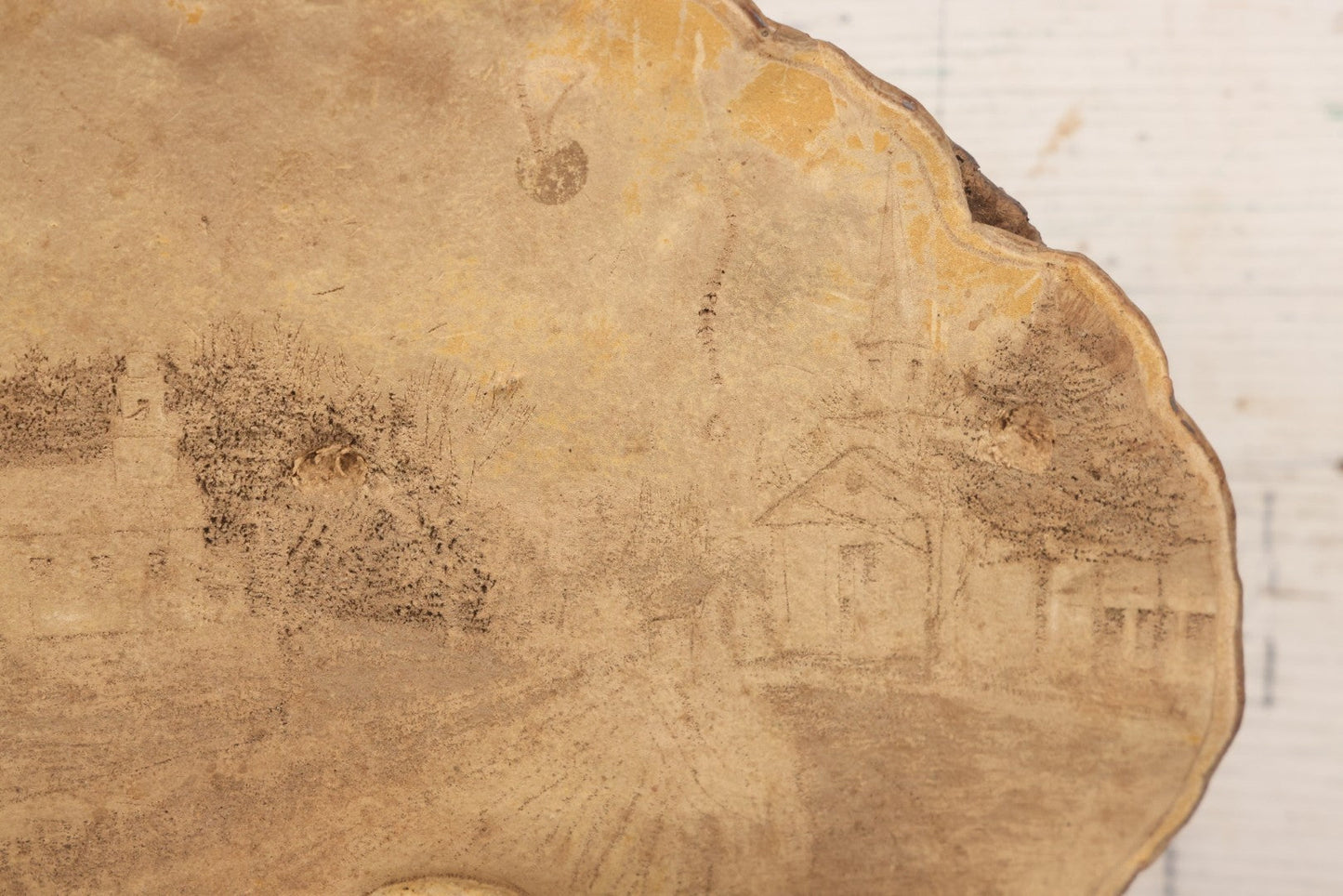 Lot 007 - Antique 19th Century Stipple-Pyrography Mushroom Fungus Art With New England Village Scene On Wooden Branch Base, 10" H