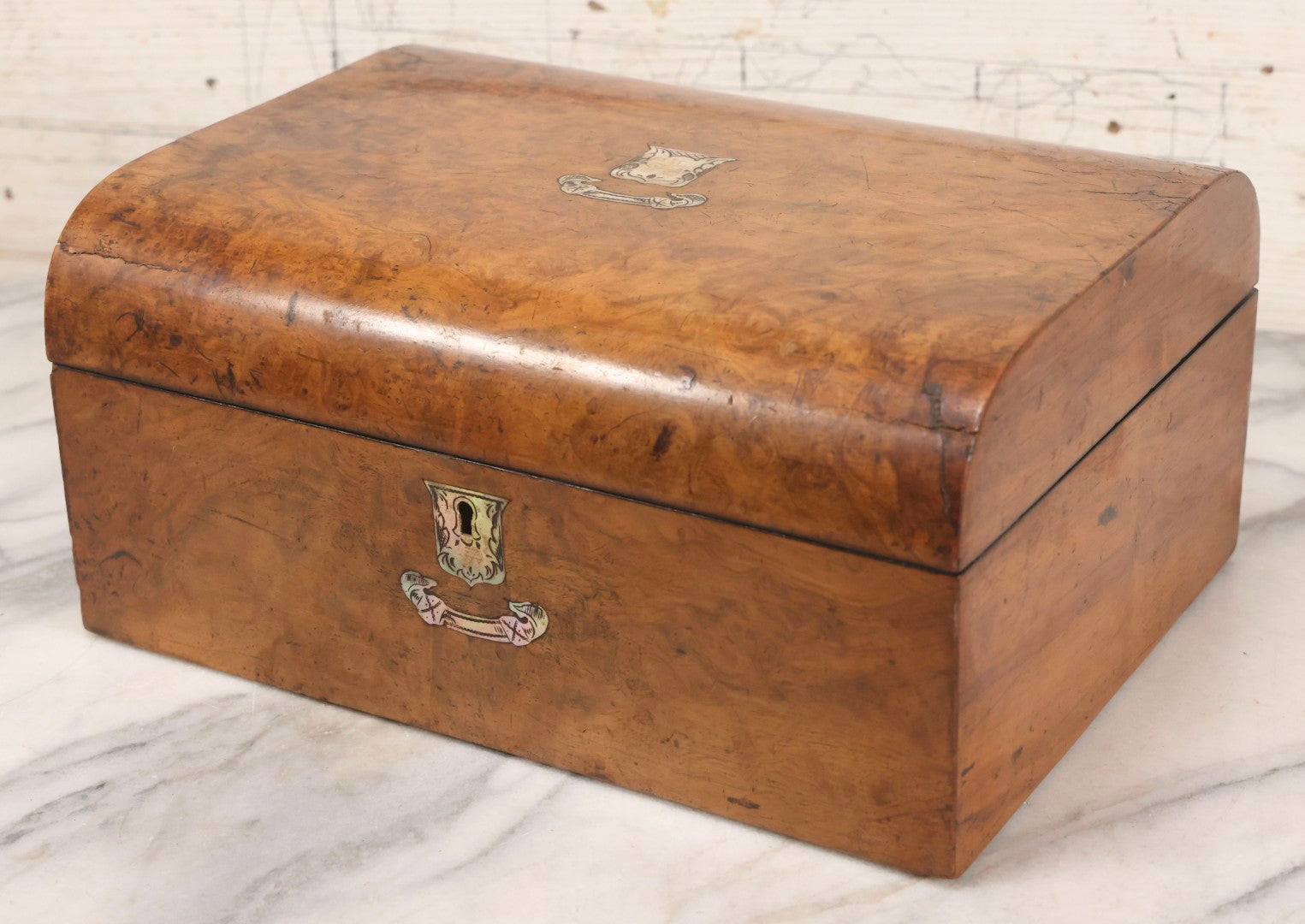 Lot 009 - Antique Dometop Burlwood Veneer Box With Mother Of Pearl Inlay And Escutcheon