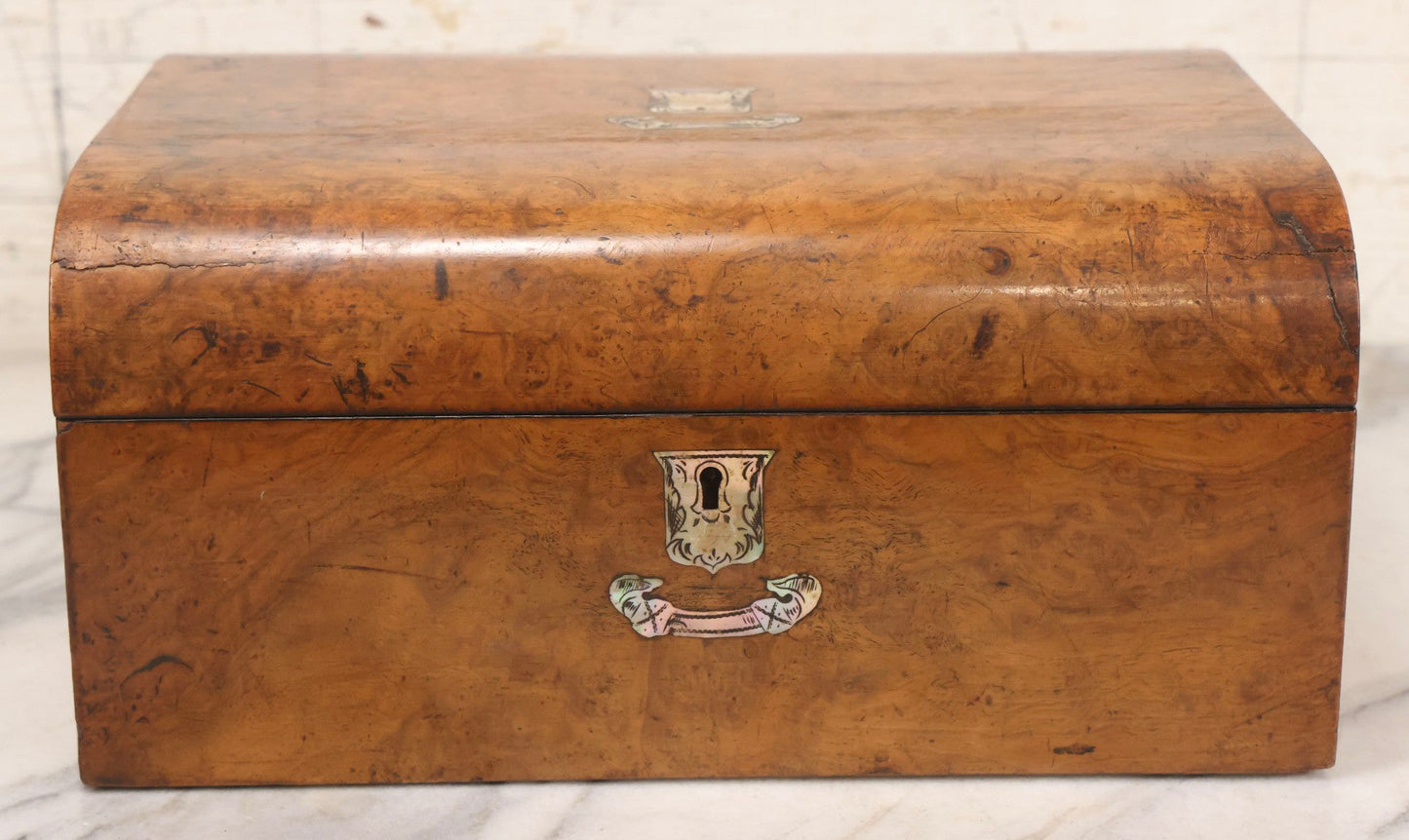 Lot 009 - Antique Dometop Burlwood Veneer Box With Mother Of Pearl Inlay And Escutcheon