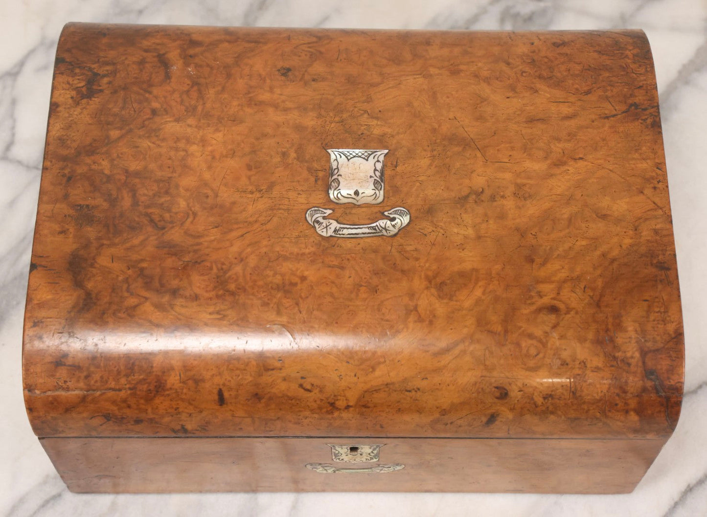 Lot 009 - Antique Dometop Burlwood Veneer Box With Mother Of Pearl Inlay And Escutcheon