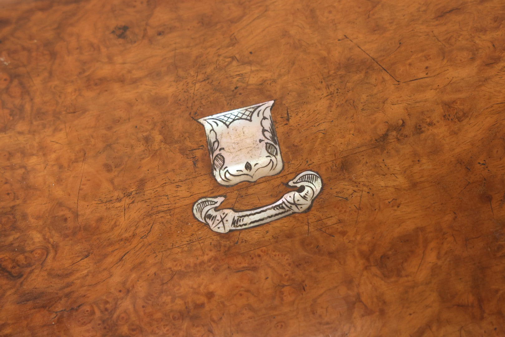 Lot 009 - Antique Dometop Burlwood Veneer Box With Mother Of Pearl Inlay And Escutcheon