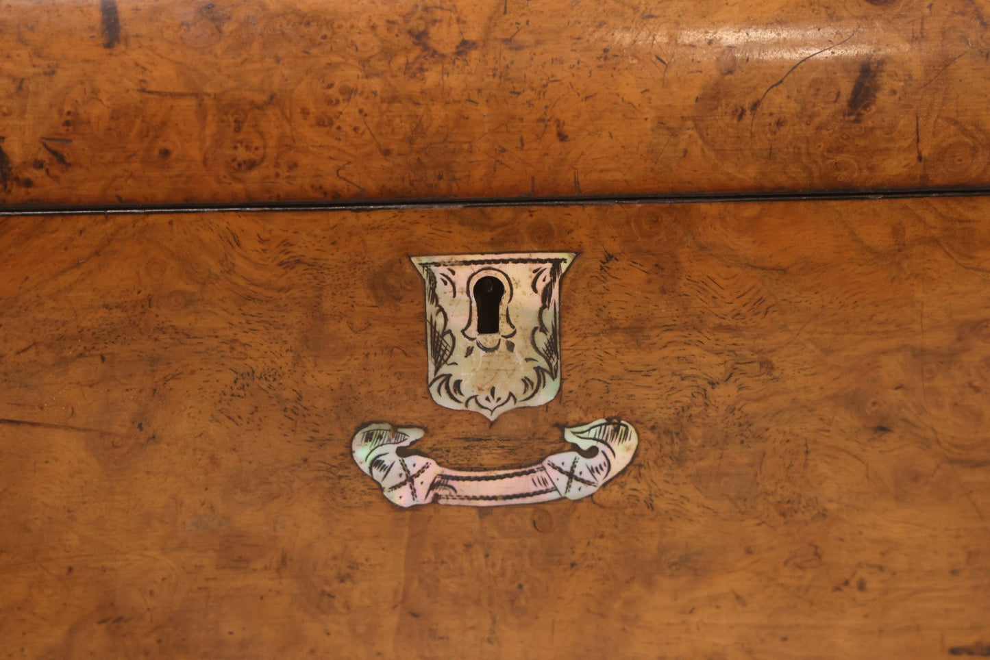 Lot 009 - Antique Dometop Burlwood Veneer Box With Mother Of Pearl Inlay And Escutcheon
