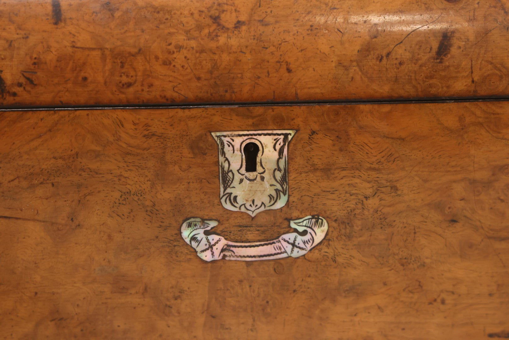 Lot 009 - Antique Dometop Burlwood Veneer Box With Mother Of Pearl Inlay And Escutcheon