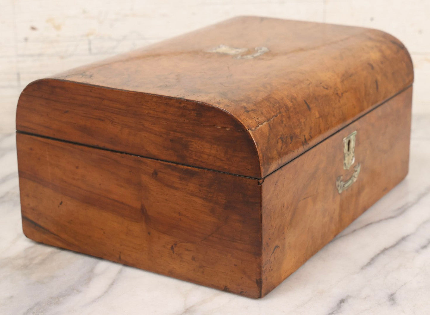 Lot 009 - Antique Dometop Burlwood Veneer Box With Mother Of Pearl Inlay And Escutcheon