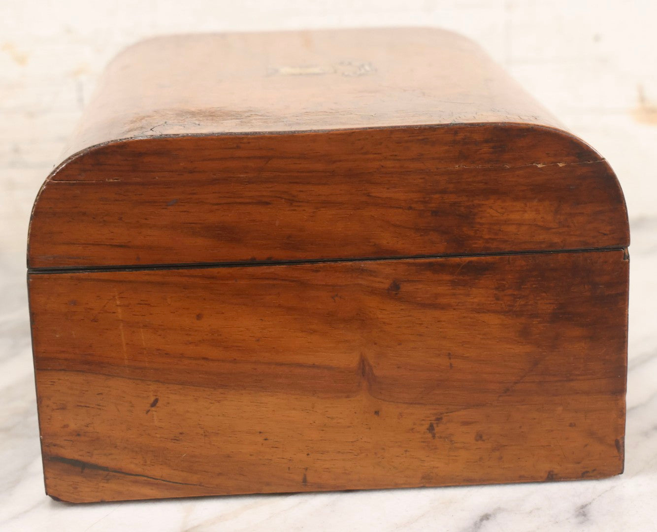 Lot 009 - Antique Dometop Burlwood Veneer Box With Mother Of Pearl Inlay And Escutcheon