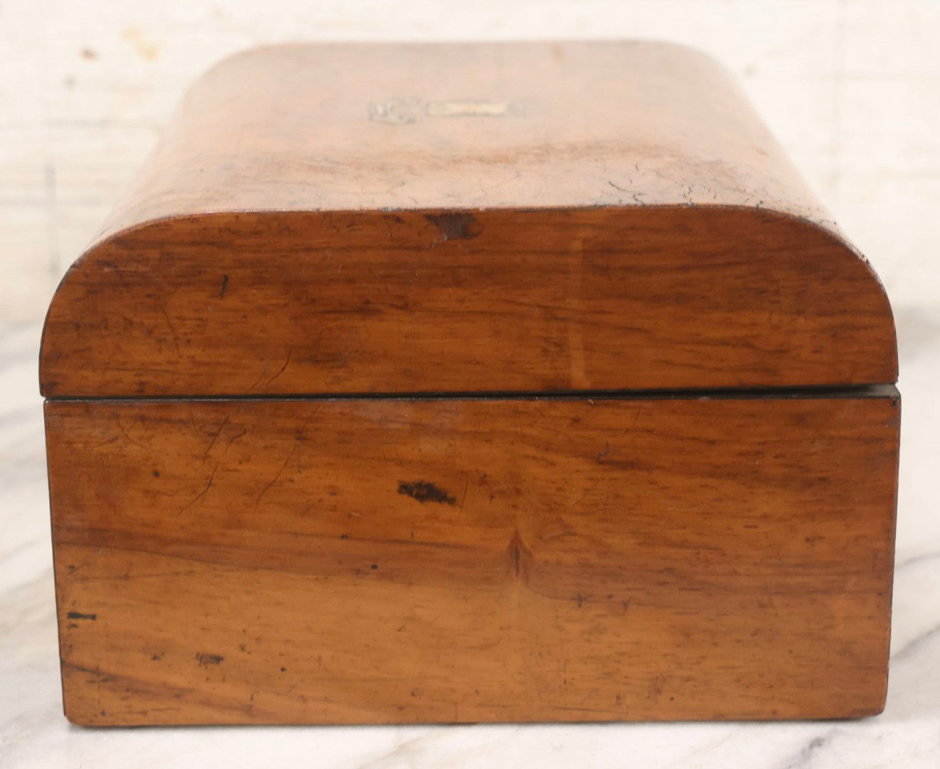 Lot 009 - Antique Dometop Burlwood Veneer Box With Mother Of Pearl Inlay And Escutcheon