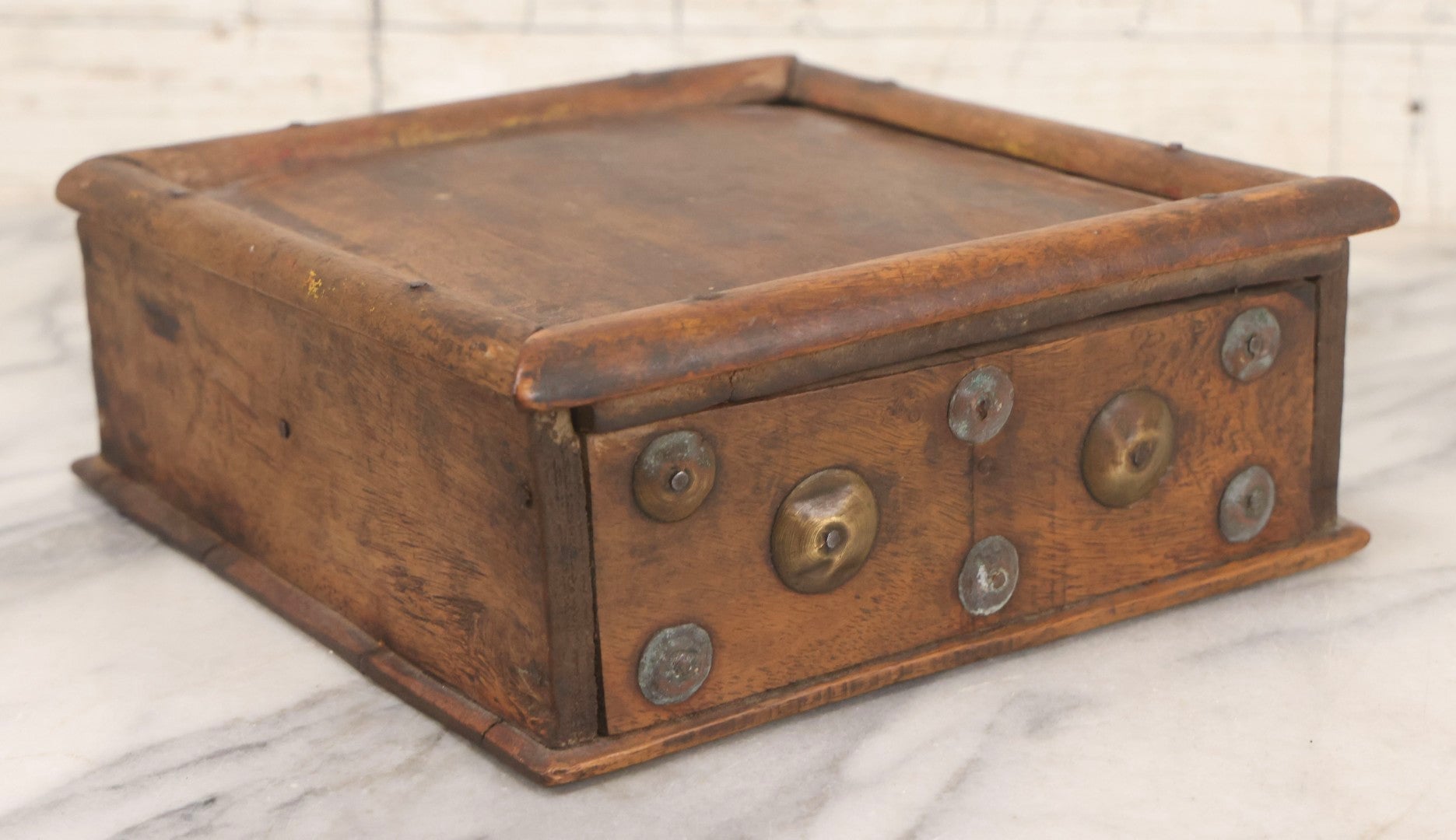 Lot 010 - Antique Primitive Handmade Wooden Slide-Top Box With Brass Medallion Decorations And Nailed Joinery