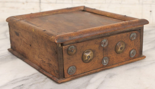 Lot 010 - Antique Primitive Handmade Wooden Slide-Top Box With Brass Medallion Decorations And Nailed Joinery