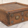Lot 010 - Antique Primitive Handmade Wooden Slide-Top Box With Brass Medallion Decorations And Nailed Joinery