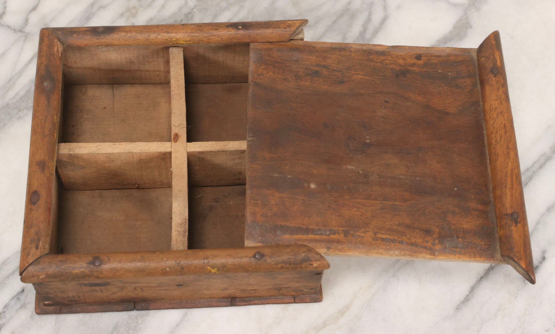 Lot 010 - Antique Primitive Handmade Wooden Slide-Top Box With Brass Medallion Decorations And Nailed Joinery