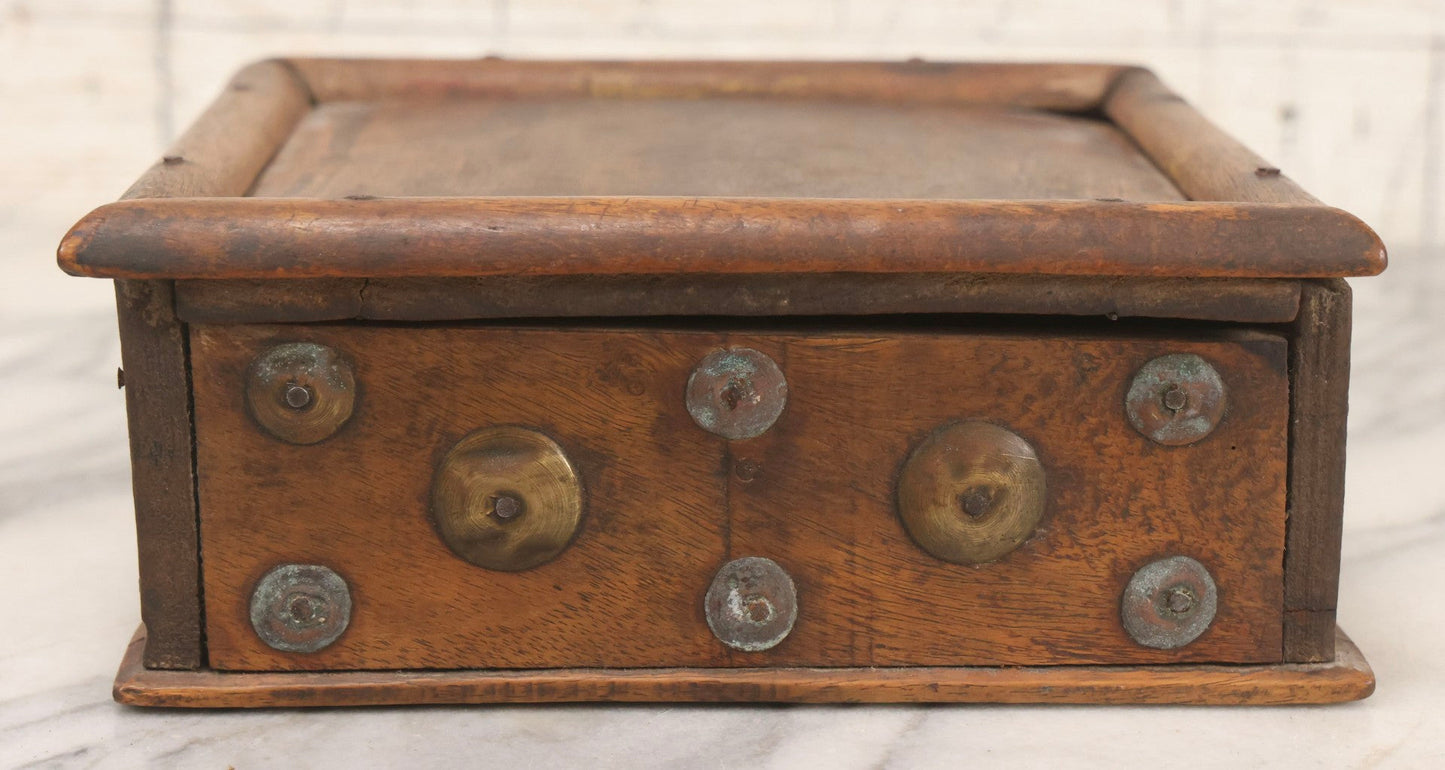 Lot 010 - Antique Primitive Handmade Wooden Slide-Top Box With Brass Medallion Decorations And Nailed Joinery
