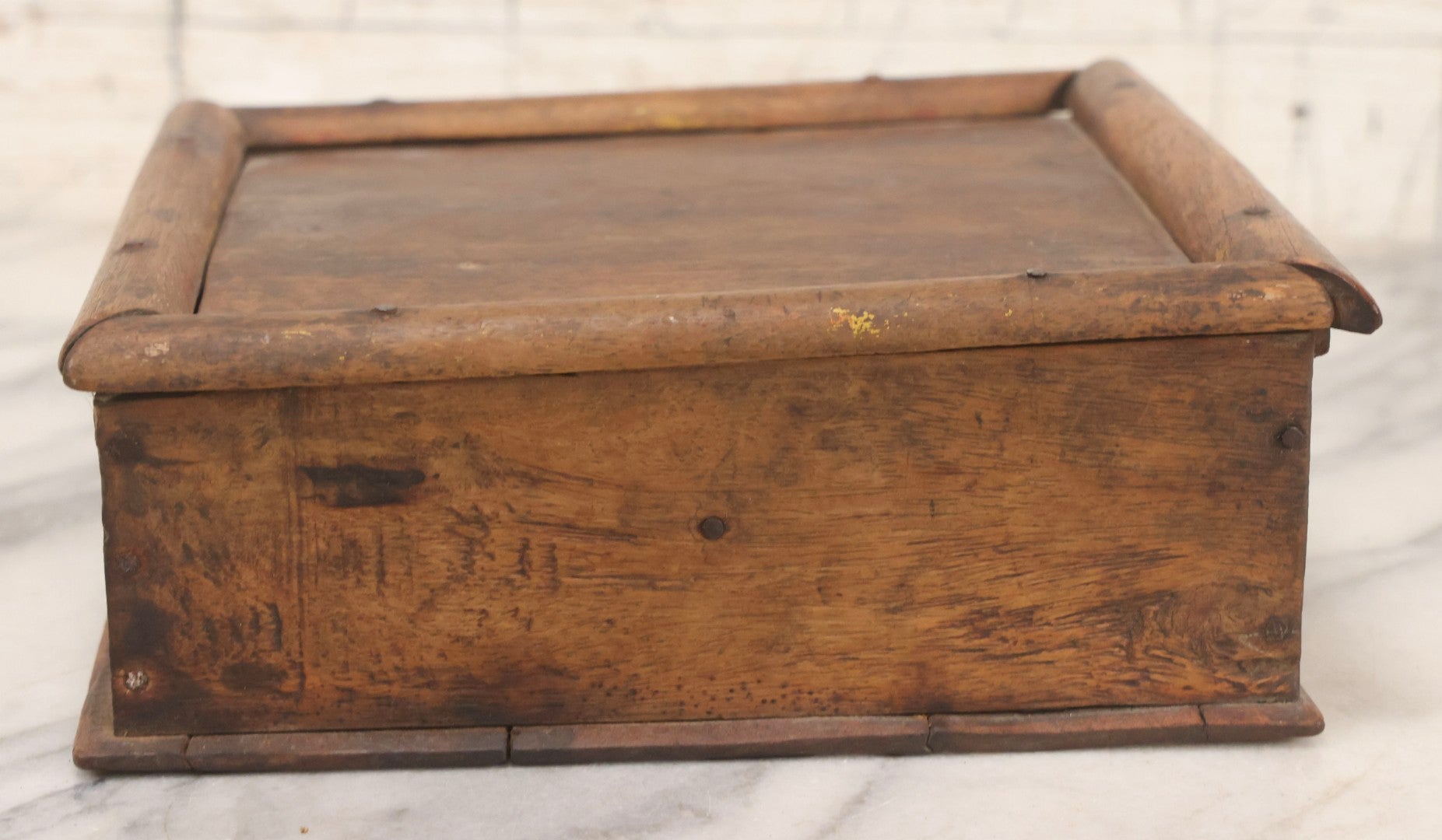 Lot 010 - Antique Primitive Handmade Wooden Slide-Top Box With Brass Medallion Decorations And Nailed Joinery