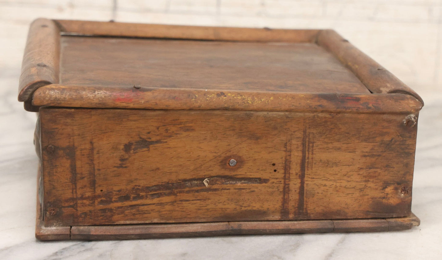 Lot 010 - Antique Primitive Handmade Wooden Slide-Top Box With Brass Medallion Decorations And Nailed Joinery