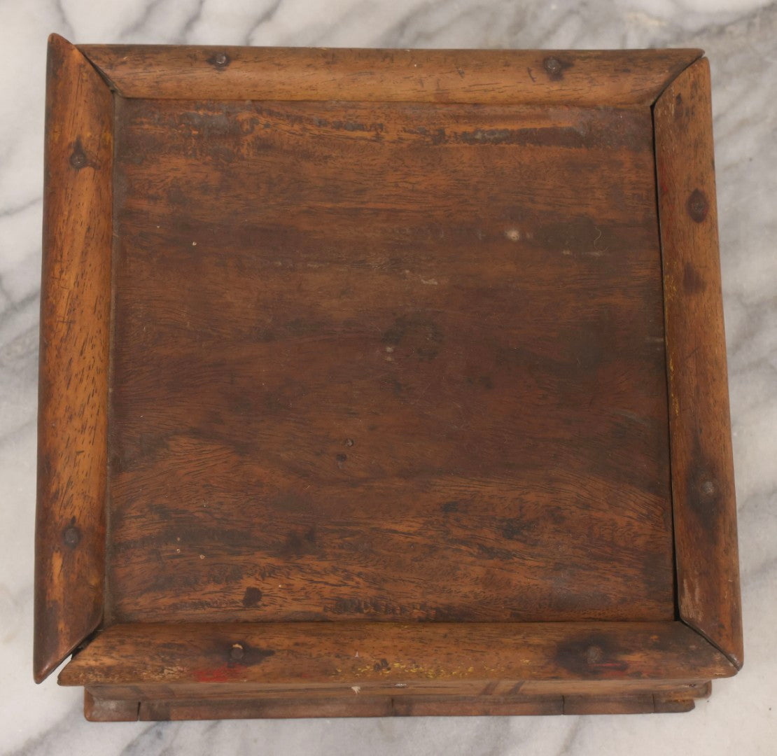 Lot 010 - Antique Primitive Handmade Wooden Slide-Top Box With Brass Medallion Decorations And Nailed Joinery