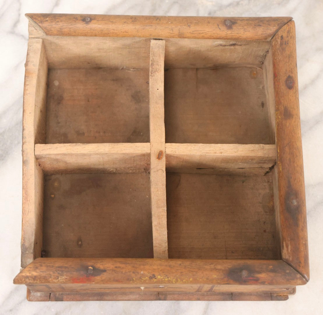 Lot 010 - Antique Primitive Handmade Wooden Slide-Top Box With Brass Medallion Decorations And Nailed Joinery