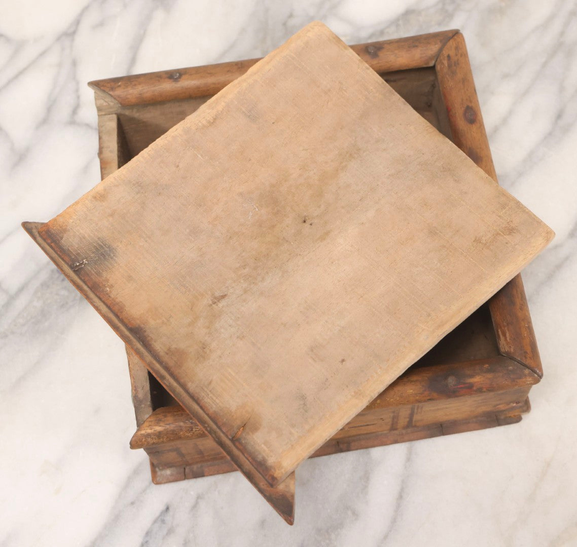 Lot 010 - Antique Primitive Handmade Wooden Slide-Top Box With Brass Medallion Decorations And Nailed Joinery