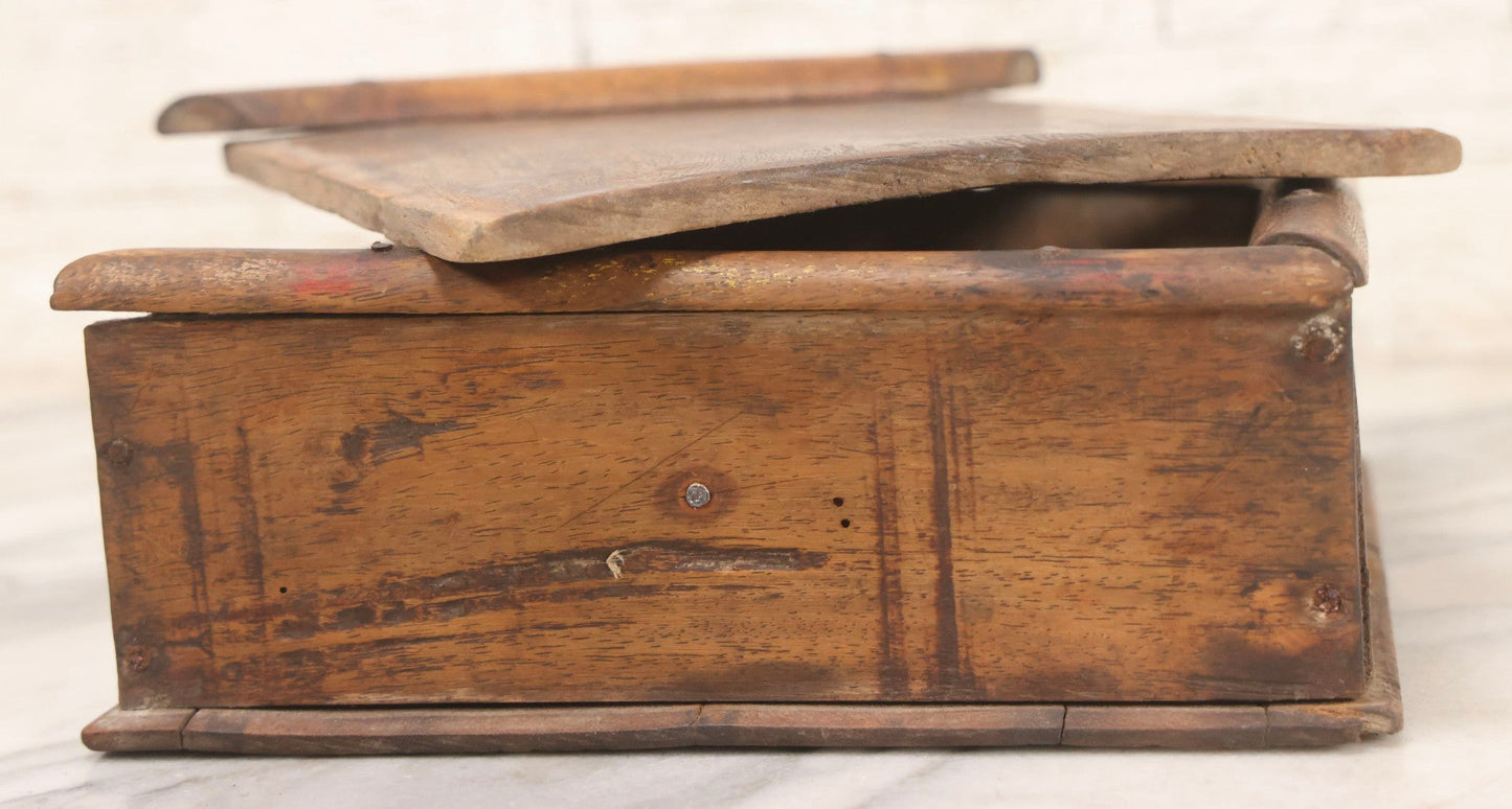 Lot 010 - Antique Primitive Handmade Wooden Slide-Top Box With Brass Medallion Decorations And Nailed Joinery