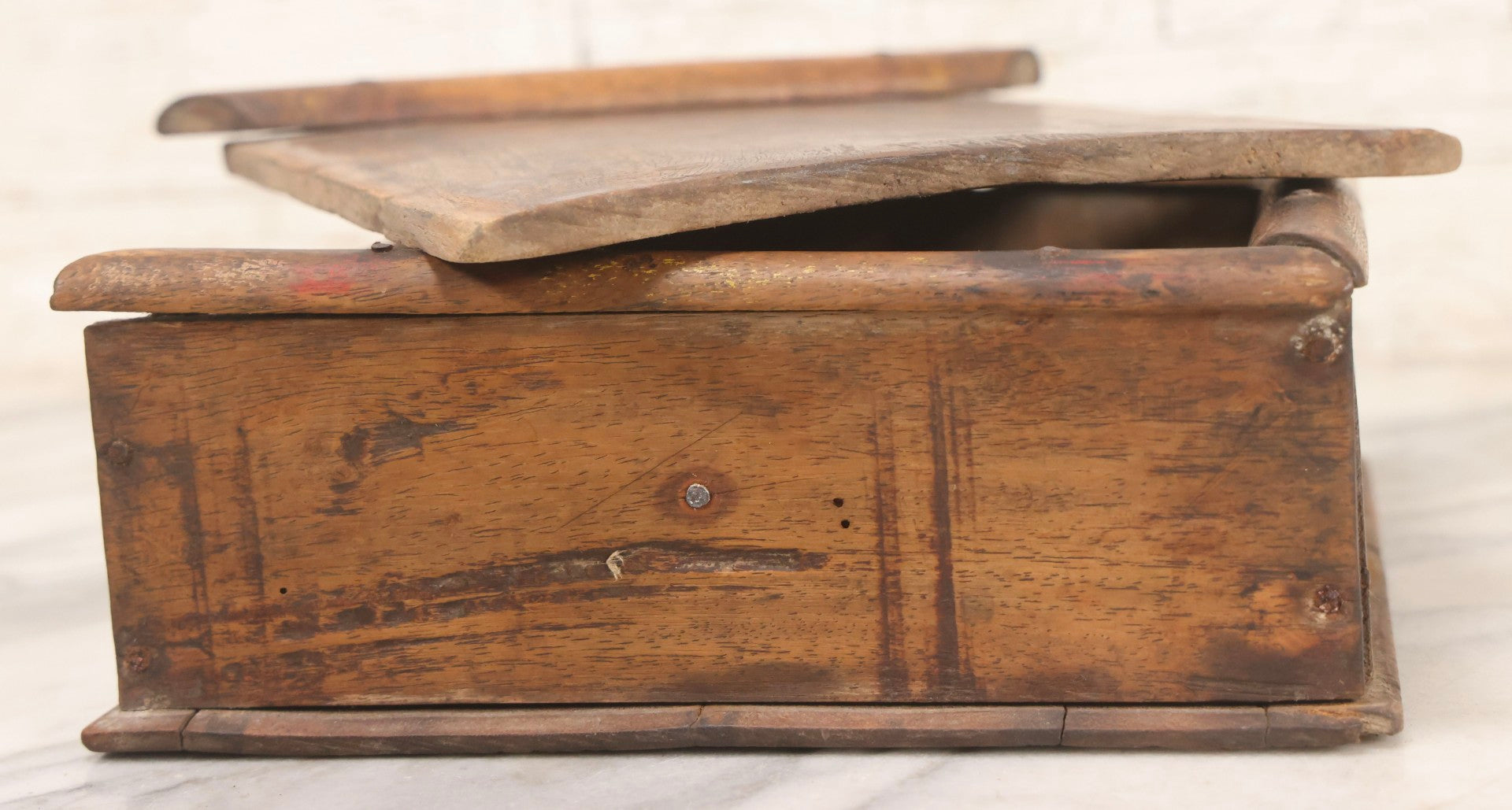 Lot 010 - Antique Primitive Handmade Wooden Slide-Top Box With Brass Medallion Decorations And Nailed Joinery