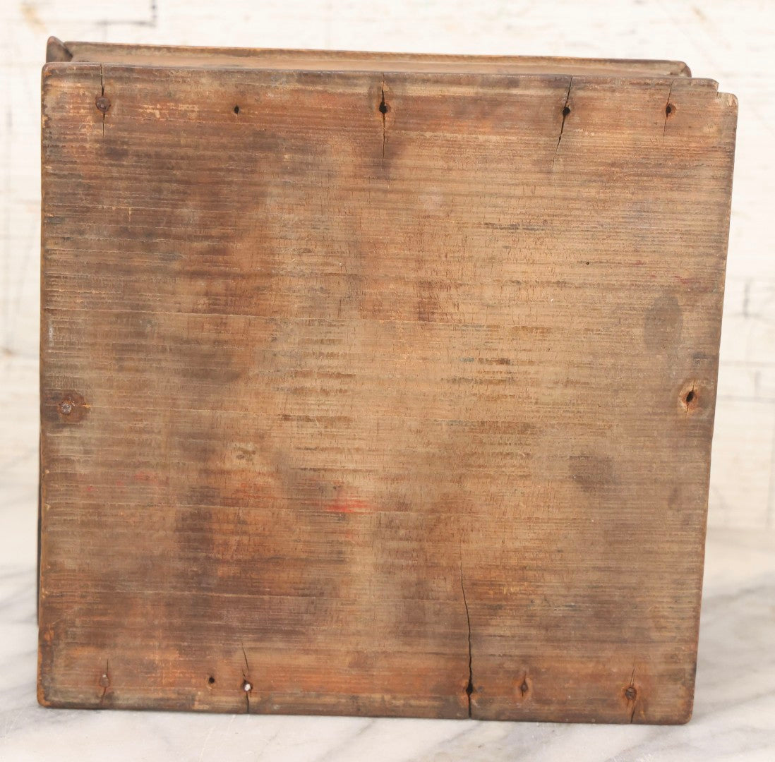 Lot 010 - Antique Primitive Handmade Wooden Slide-Top Box With Brass Medallion Decorations And Nailed Joinery