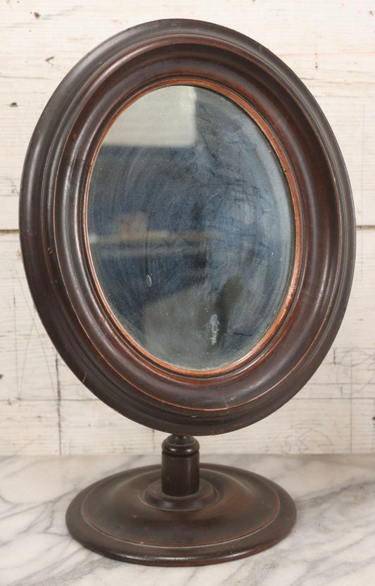 Lot 011 - Antique Wood Framed Oval Shaving Mirror With Turned Stand And Base, Tilting Mirror With Wing Nut Lock, 16" H