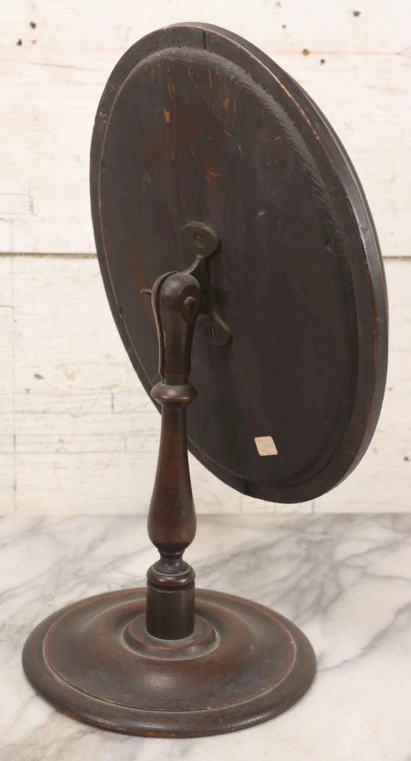 Lot 011 - Antique Wood Framed Oval Shaving Mirror With Turned Stand And Base, Tilting Mirror With Wing Nut Lock, 16" H