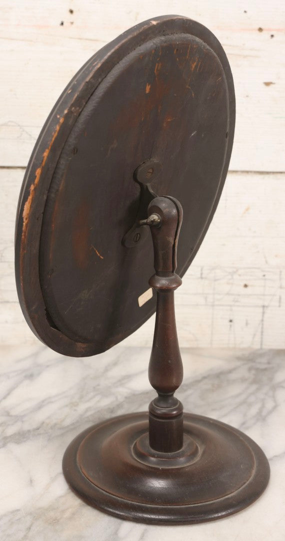 Lot 011 - Antique Wood Framed Oval Shaving Mirror With Turned Stand And Base, Tilting Mirror With Wing Nut Lock, 16" H