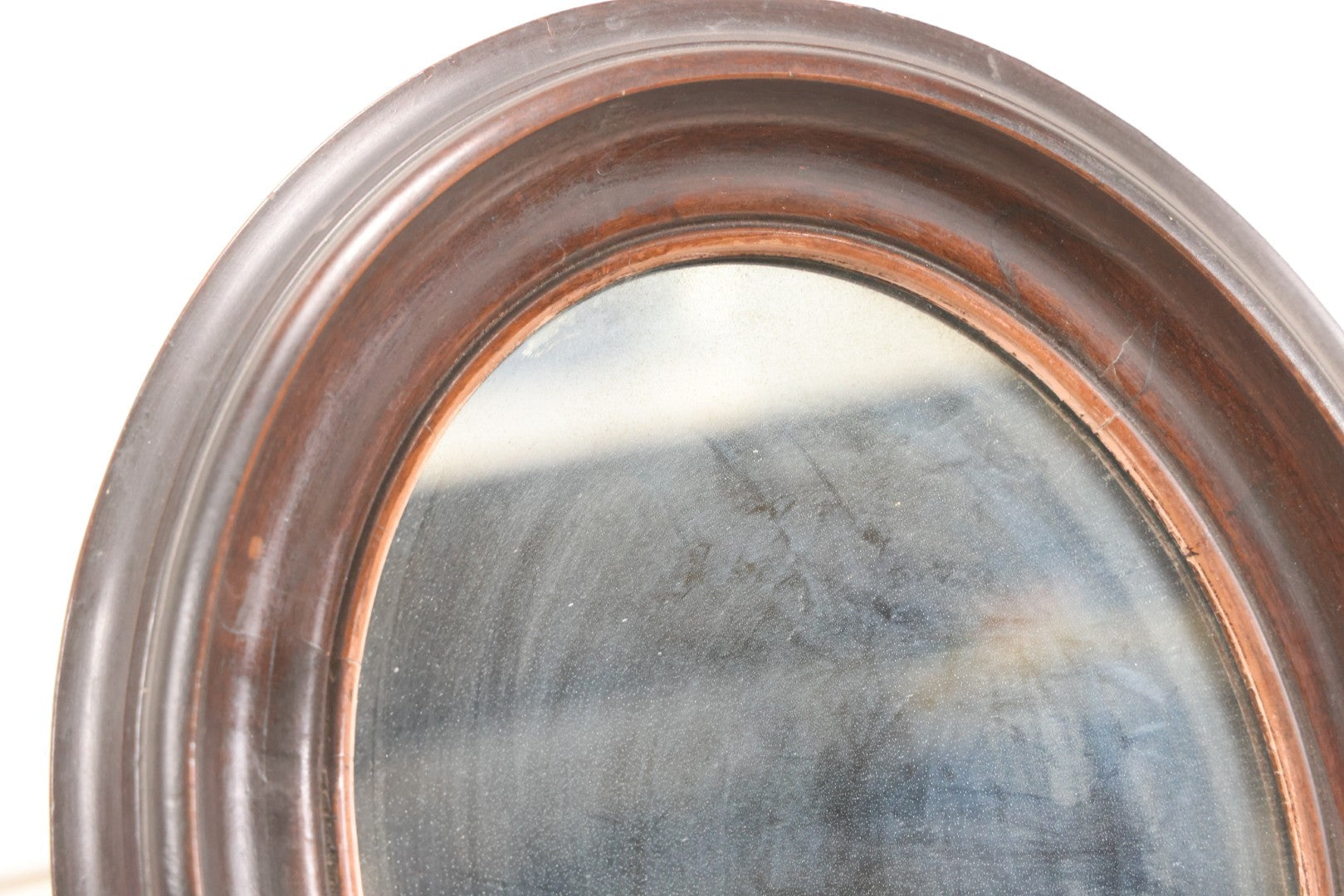 Lot 011 - Antique Wood Framed Oval Shaving Mirror With Turned Stand And Base, Tilting Mirror With Wing Nut Lock, 16" H