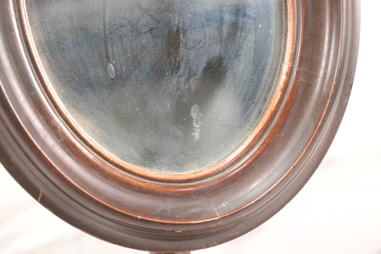 Lot 011 - Antique Wood Framed Oval Shaving Mirror With Turned Stand And Base, Tilting Mirror With Wing Nut Lock, 16" H