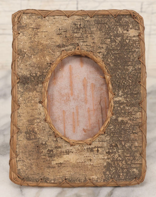 Lot 012 - Antique Folk Art Birch Bark Picture Frame With Wire Stand, Cabinet Card Size, 5-1/2" x 7-1/8"