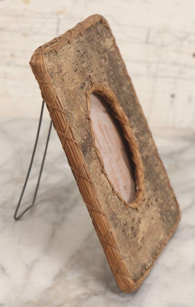 Lot 012 - Antique Folk Art Birch Bark Picture Frame With Wire Stand, Cabinet Card Size, 5-1/2" x 7-1/8"