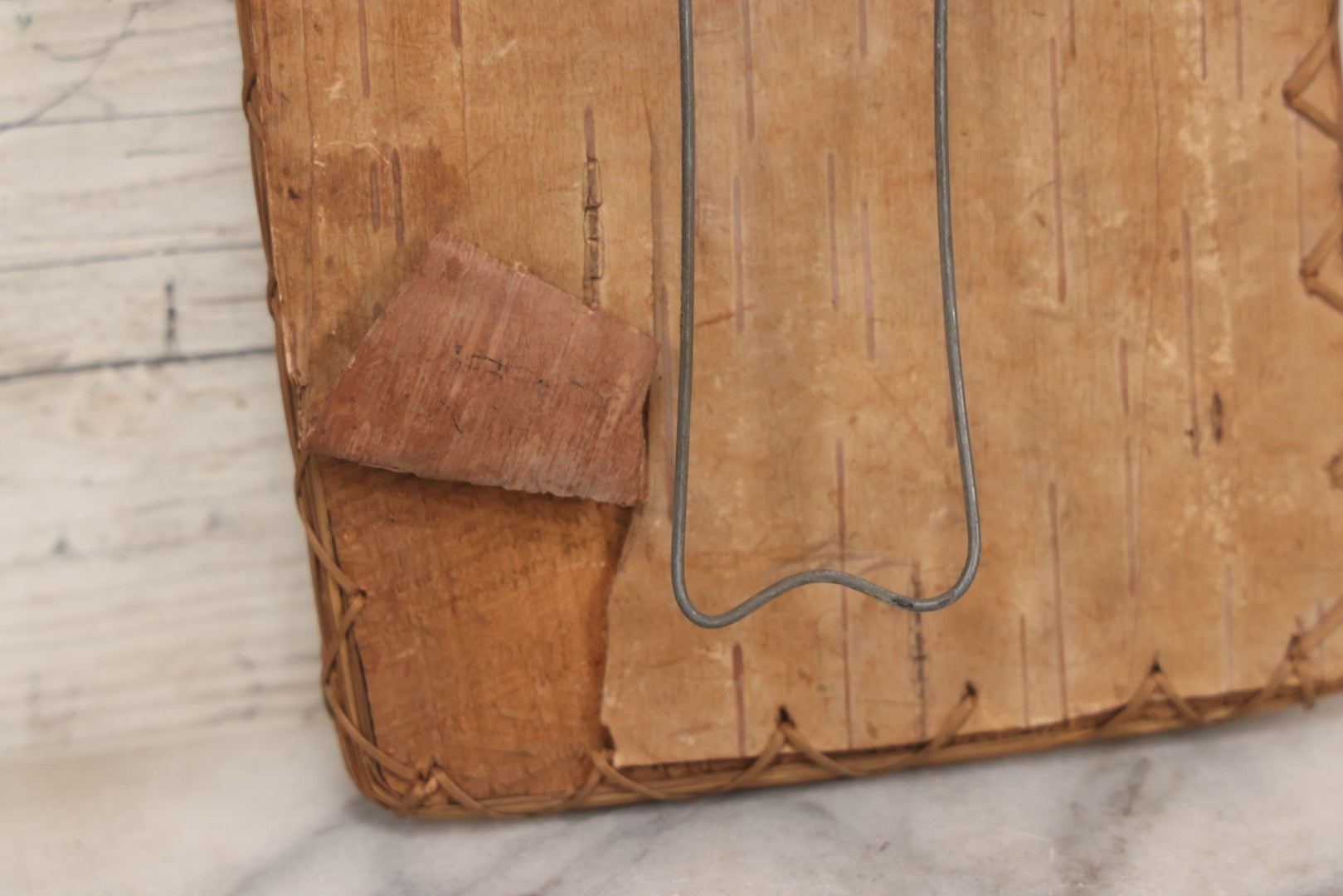 Lot 012 - Antique Folk Art Birch Bark Picture Frame With Wire Stand, Cabinet Card Size, 5-1/2" x 7-1/8"