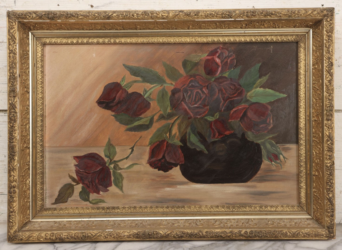 Lot 013 - Antique Folk Art Naive Oil On Board Painting Of Roses In Pot In Gilt Gesso Frame On Frost & Adams Academy Board, Boston, 22-1/2" x 16"