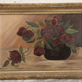 Lot 013 - Antique Folk Art Naive Oil On Board Painting Of Roses In Pot In Gilt Gesso Frame On Frost & Adams Academy Board, Boston, 22-1/2" x 16"