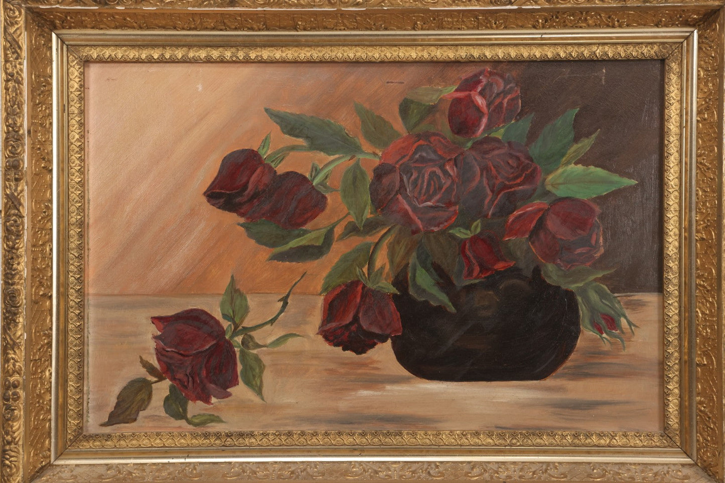 Lot 013 - Antique Folk Art Naive Oil On Board Painting Of Roses In Pot In Gilt Gesso Frame On Frost & Adams Academy Board, Boston, 22-1/2" x 16"