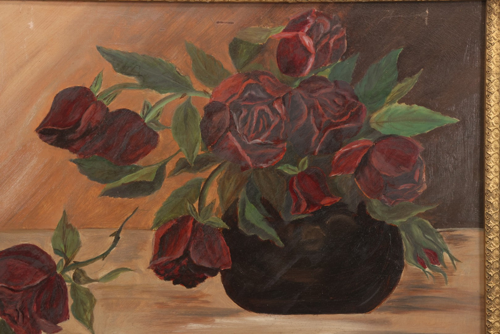Lot 013 - Antique Folk Art Naive Oil On Board Painting Of Roses In Pot In Gilt Gesso Frame On Frost & Adams Academy Board, Boston, 22-1/2" x 16"