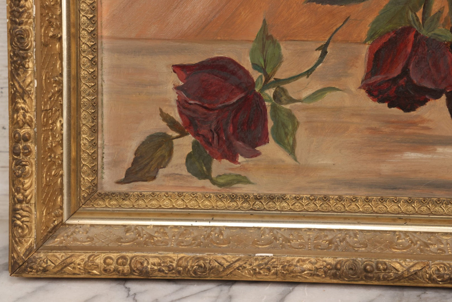 Lot 013 - Antique Folk Art Naive Oil On Board Painting Of Roses In Pot In Gilt Gesso Frame On Frost & Adams Academy Board, Boston, 22-1/2" x 16"