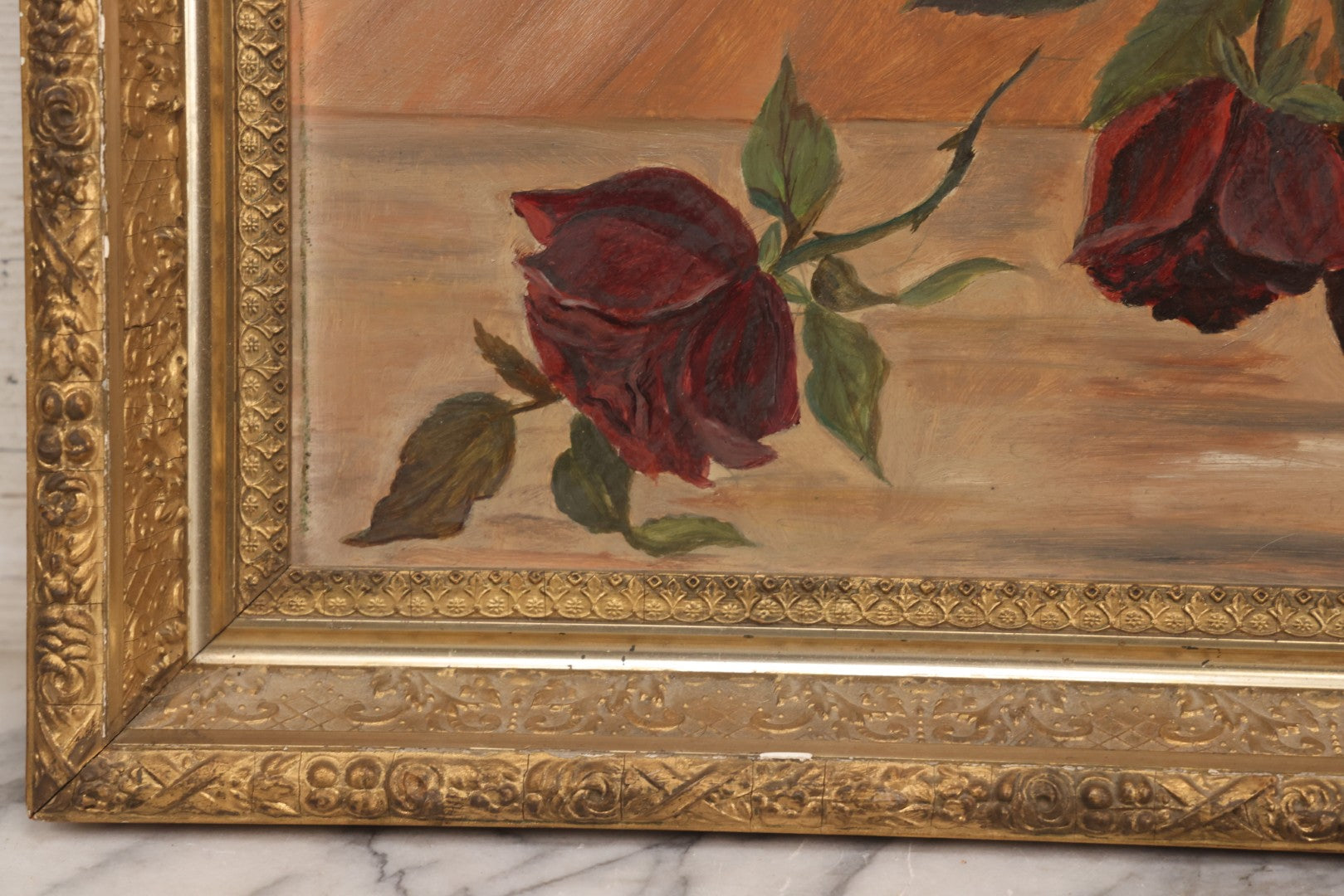 Lot 013 - Antique Folk Art Naive Oil On Board Painting Of Roses In Pot In Gilt Gesso Frame On Frost & Adams Academy Board, Boston, 22-1/2" x 16"