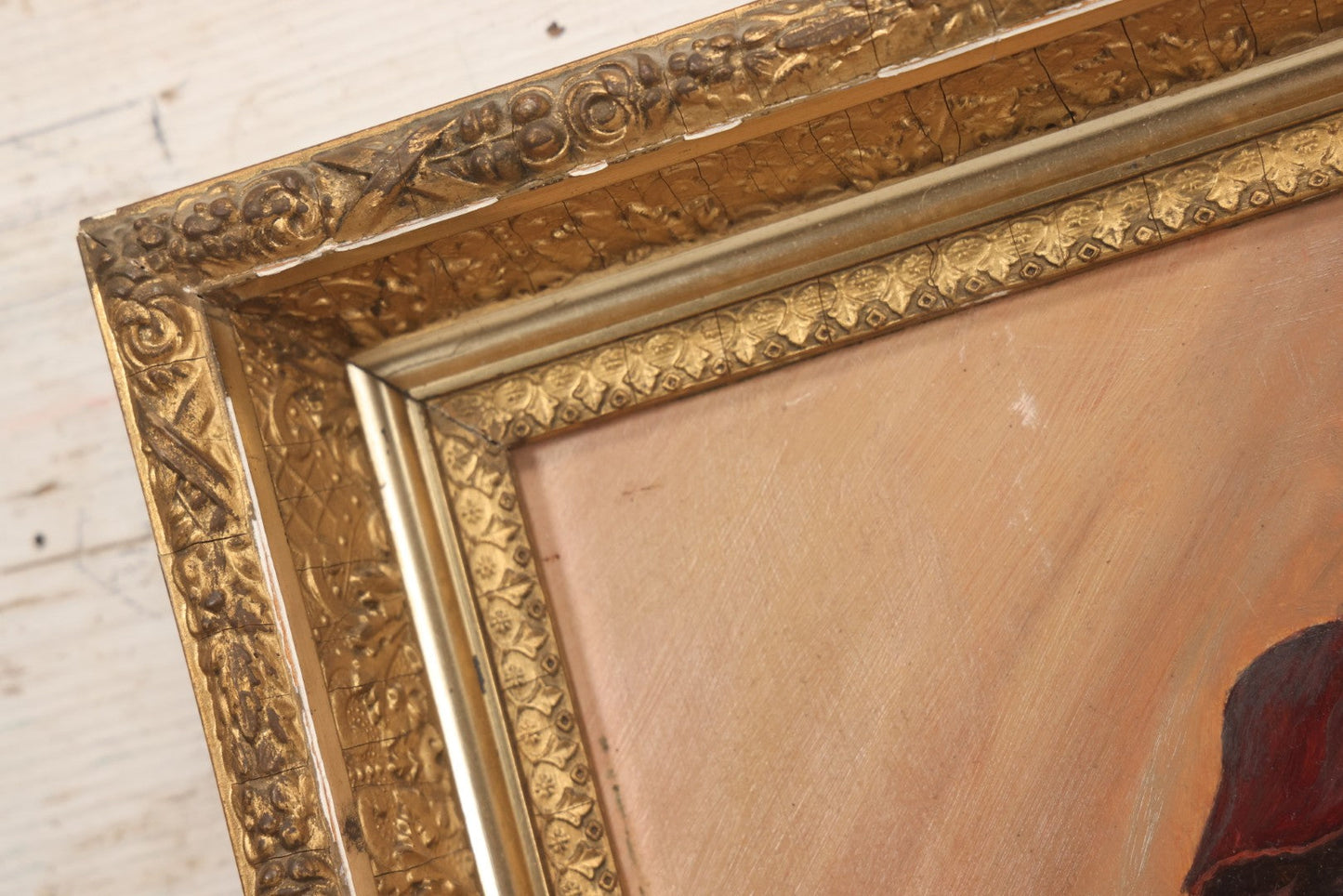 Lot 013 - Antique Folk Art Naive Oil On Board Painting Of Roses In Pot In Gilt Gesso Frame On Frost & Adams Academy Board, Boston, 22-1/2" x 16"