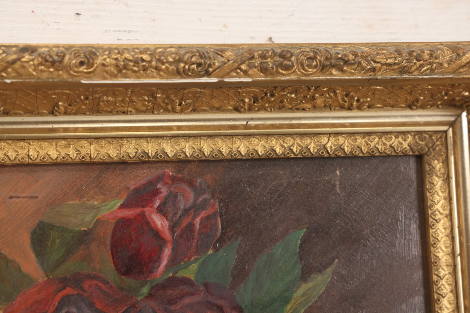 Lot 013 - Antique Folk Art Naive Oil On Board Painting Of Roses In Pot In Gilt Gesso Frame On Frost & Adams Academy Board, Boston, 22-1/2" x 16"