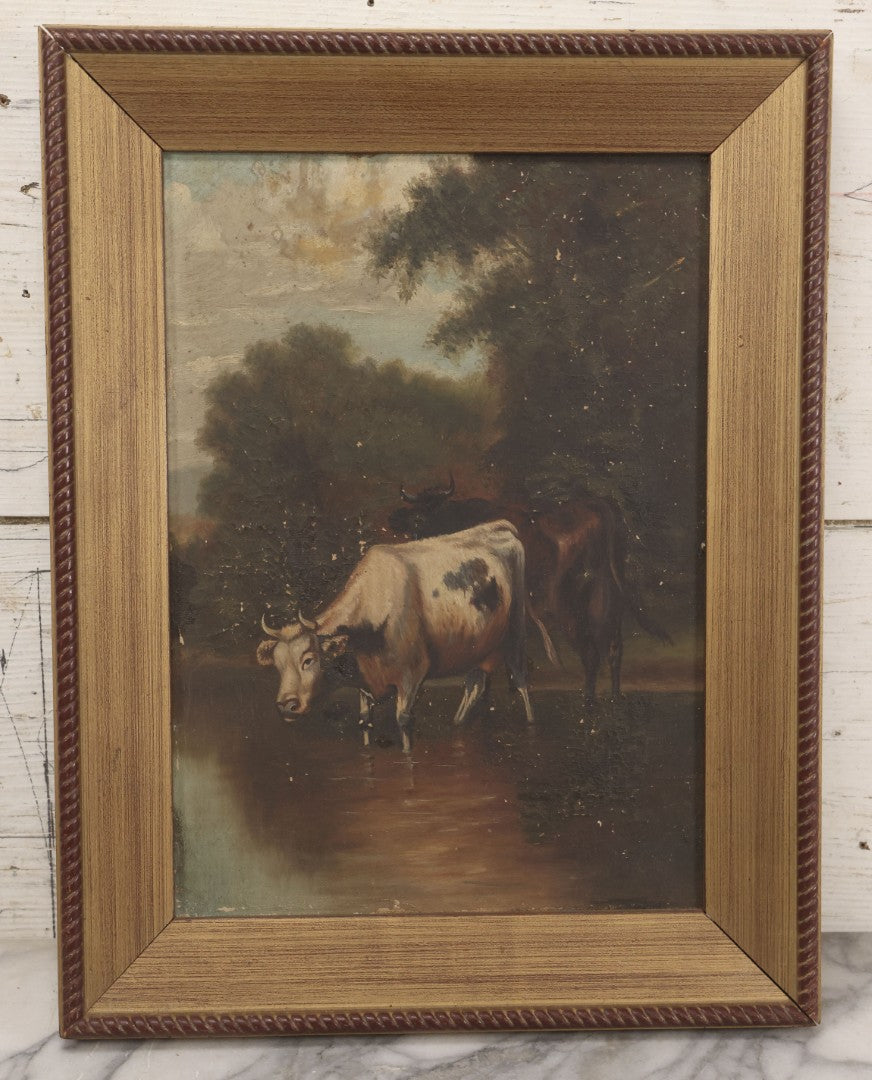 Lot 014 - Antique 19th Century Oil On Canvas Pastoral Scene Of Two Bulls Standing In Pond, Gold Painted Wood Frame, 13-1/2" x 17-5/8"