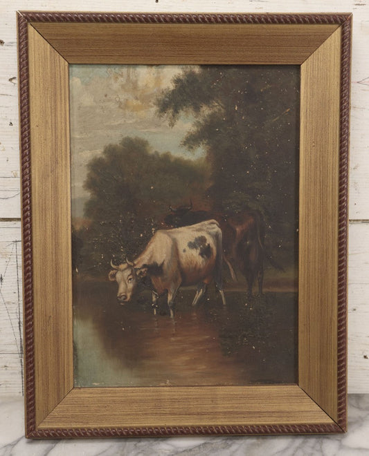 Lot 014 - Antique 19th Century Oil On Canvas Pastoral Scene Of Two Bulls Standing In Pond, Gold Painted Wood Frame, 13-1/2" x 17-5/8"