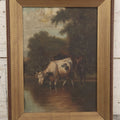 Lot 014 - Antique 19th Century Oil On Canvas Pastoral Scene Of Two Bulls Standing In Pond, Gold Painted Wood Frame, 13-1/2" x 17-5/8"