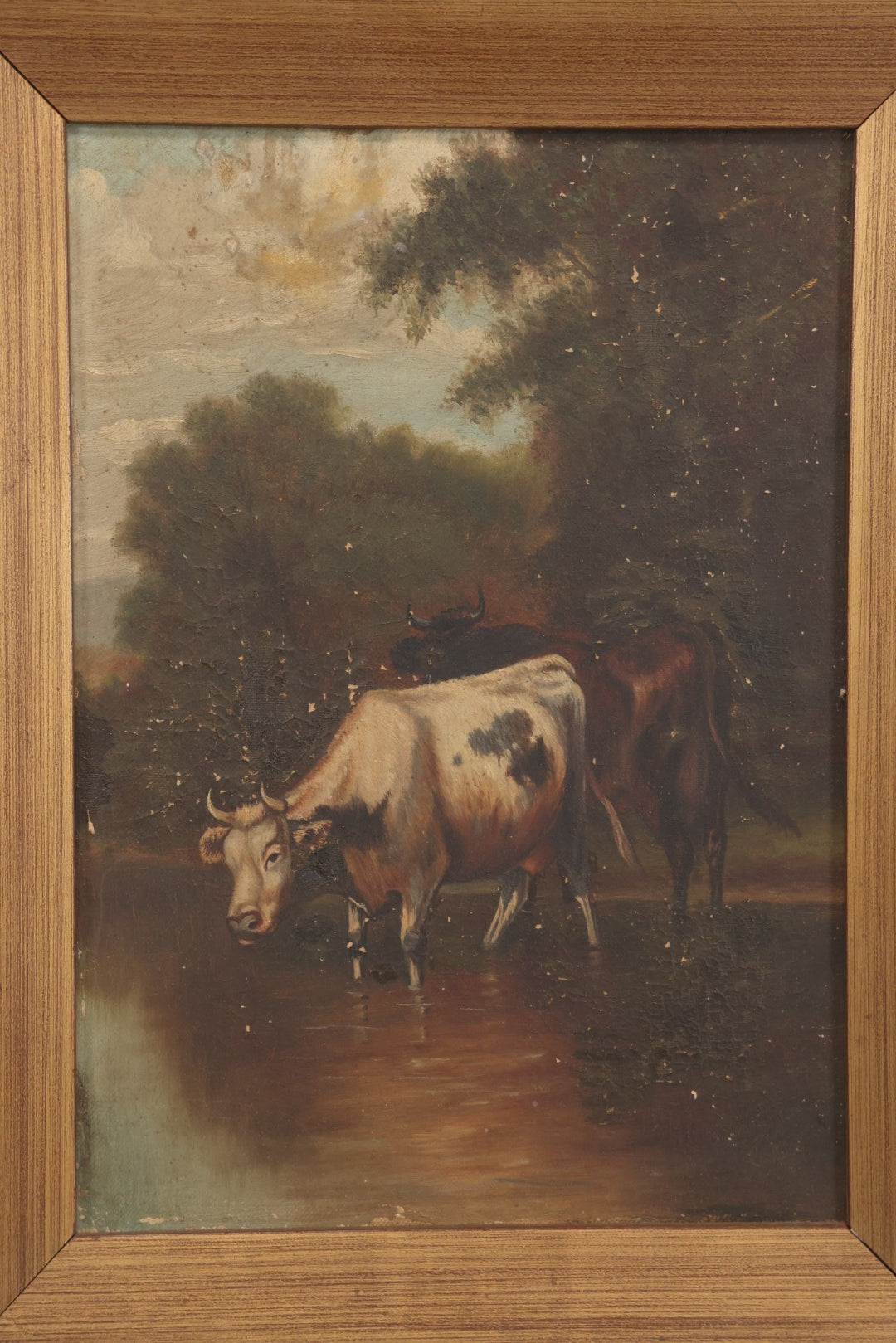 Lot 014 - Antique 19th Century Oil On Canvas Pastoral Scene Of Two Bulls Standing In Pond, Gold Painted Wood Frame, 13-1/2" x 17-5/8"