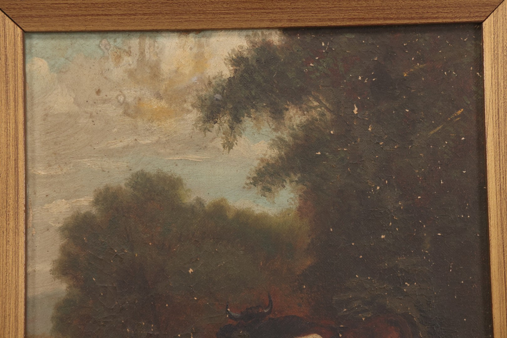 Lot 014 - Antique 19th Century Oil On Canvas Pastoral Scene Of Two Bulls Standing In Pond, Gold Painted Wood Frame, 13-1/2" x 17-5/8"