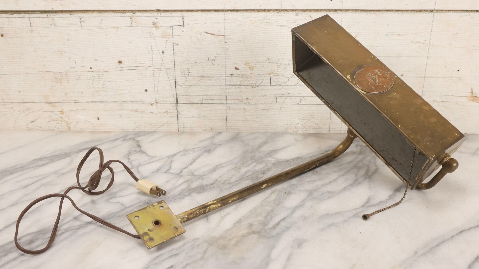 Lot 015 - Antique Brass Desk-Mount Light Fixture From The Ritz-Carlton Hotel, Boston, Massachusetts, With Lion And Crown Badge