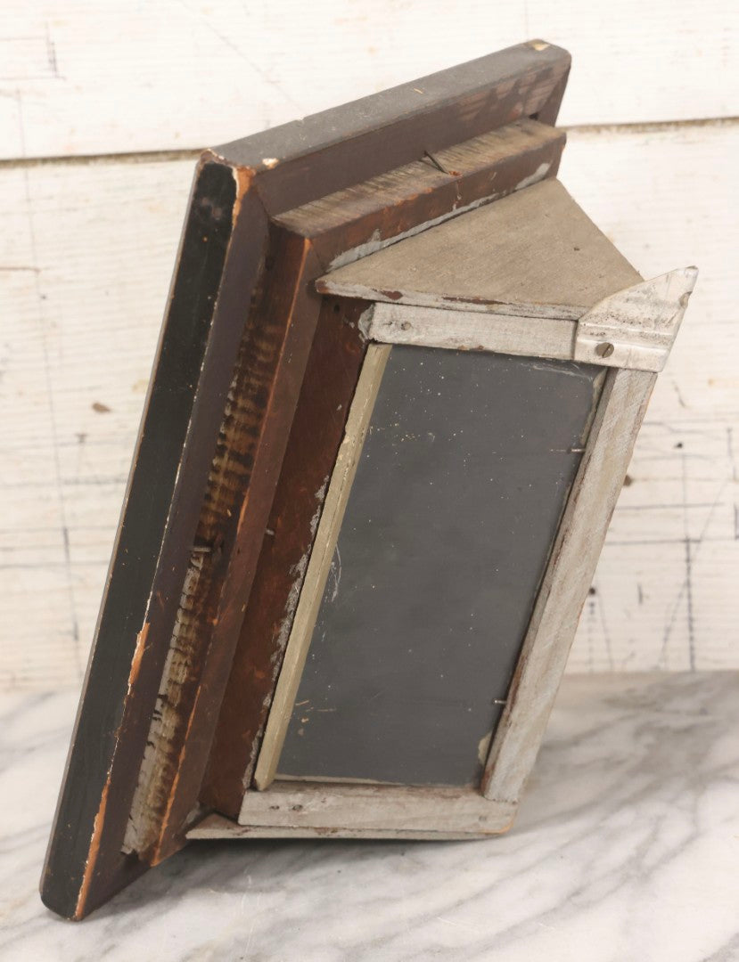 Lot 016 - Antique Miniature Mirrored Corner Wall Shelf With Textured Paint Frame, Glass Interior Shelf, And Metal Mounting Bracket, 8-3/4" x 10-1/2"