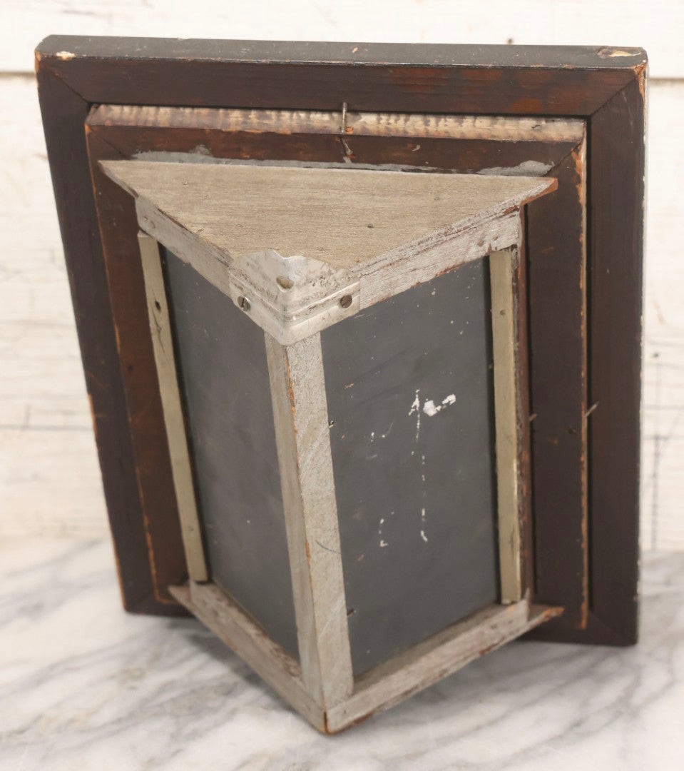 Lot 016 - Antique Miniature Mirrored Corner Wall Shelf With Textured Paint Frame, Glass Interior Shelf, And Metal Mounting Bracket, 8-3/4" x 10-1/2"