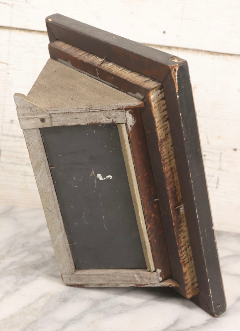 Lot 016 - Antique Miniature Mirrored Corner Wall Shelf With Textured Paint Frame, Glass Interior Shelf, And Metal Mounting Bracket, 8-3/4" x 10-1/2"